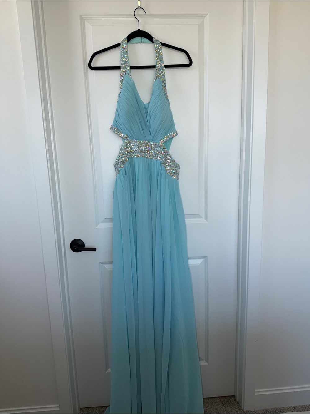 La Femme Sky Blue Embellished Halter Evening Gown | Size 16 - Picture 3 of 7